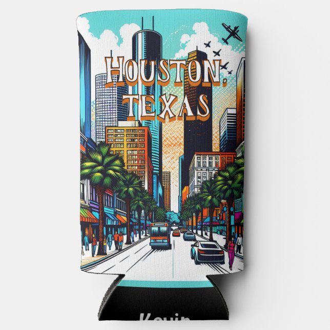 Houston, Texas Downtown City View Abstract Art Seltzer Can Cooler (Front)