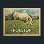 Houston Texas Horse Farm -Vintage Travel Postcard<br><div class="desc">Houston Texas rural vintage travel postcard.  It features a white horse grazing on green grass with fence and blue clouds sky above. A fun country farm image with rustic charm.</div>