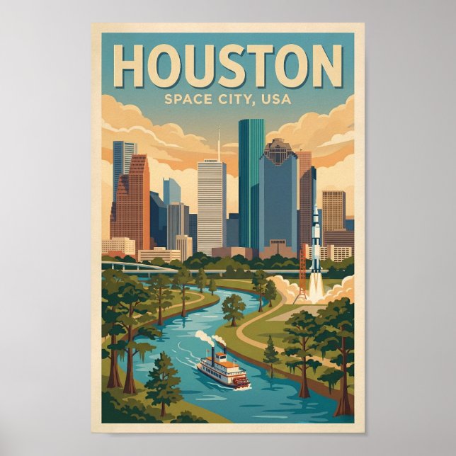 Houston Texas Illustration Travel Art Vintage Poster (Front)