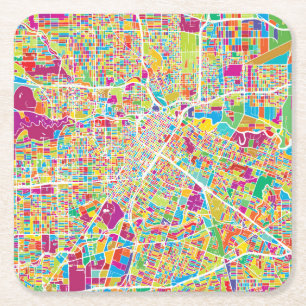 Houston, Texas Neon Map Square Paper Coaster