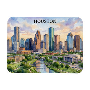 Houston Texas Retro Watercolor Artwork Magnet