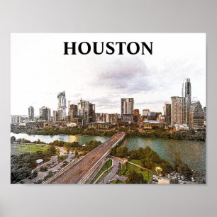 Houston Texas Vintage Travel City Watercolor  Poster