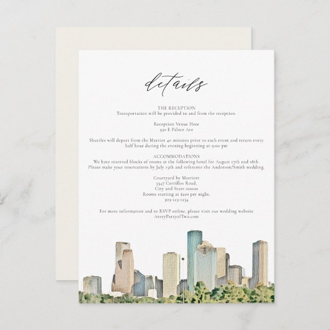 HOUSTON Watercolor Skyline Travel Details Card (Front/Back)