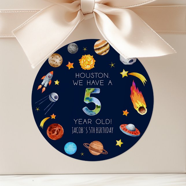 Houston We Have A 5 Year Old 5th Birthday Party Classic Round Sticker (Creator Uploaded)