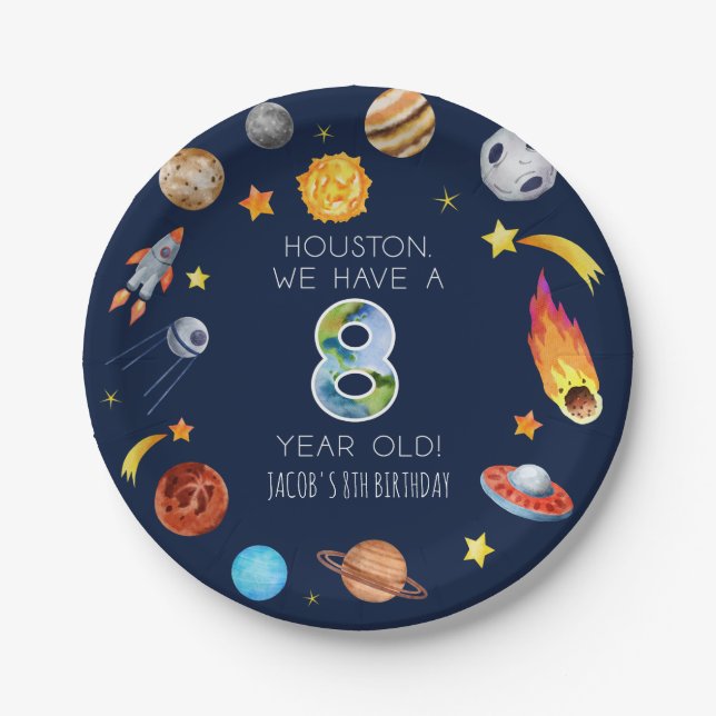 Houston We Have A 8 Year Old 8th Birthday Party Paper Plate (Front)