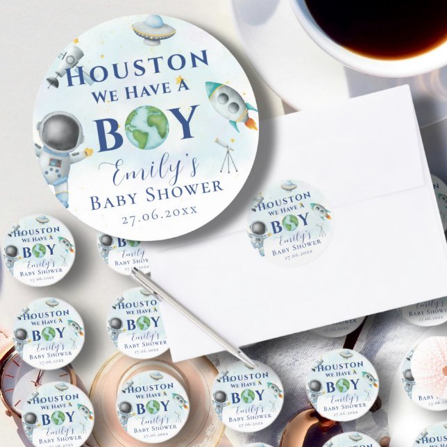 Houston We Have A Boy baby shower Space Astronaut Classic Round Sticker (Creator Uploaded)