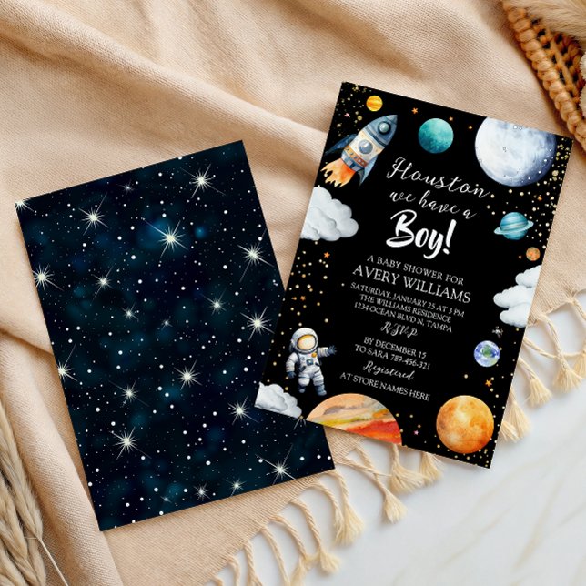 Houston We Have a Boy Black Space Baby Shower Invitation (Creator Uploaded)