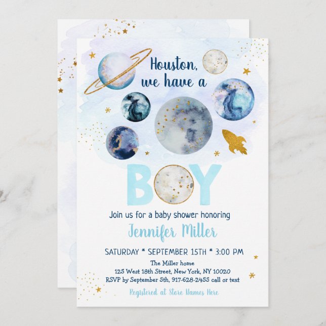 Houston We Have A Boy Blue Gold Galaxy Baby Shower Invitation (Front/Back)