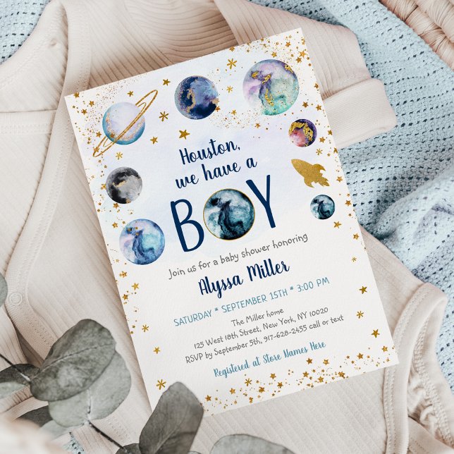 Houston We Have A Boy Blue Gold Space Baby Shower Invitation (Creator Uploaded)