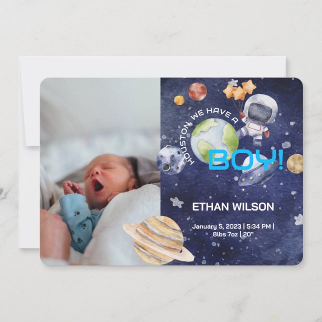 Houston We Have A Boy Newborn Birth Announcement (Front)