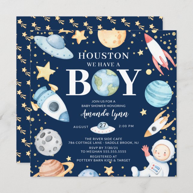 Houston We Have A Boy Outer Space Baby Shower Invi Invitation (Front/Back)