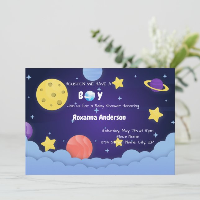 Houston We Have a Boy Outer Space Baby Shower Invitation (Standing Front)