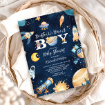 Houston We Have A Boy Outer Space Baby Shower Invitation<br><div class="desc">Blast off into celebration with our Space Outer Baby Shower Navy Invitation! Perfect for parents-to-be who are over the moon about their little one on the way, this celestial-themed invitation features a dreamy navy-blue background adorned with sparkling stars, planets, and a charming rocket ship design. Features: Elegant Design: A sophisticated...</div>