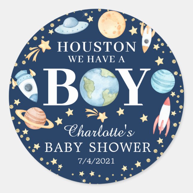 Houston We Have A Boy Outer Space Favour Sticker (Front)