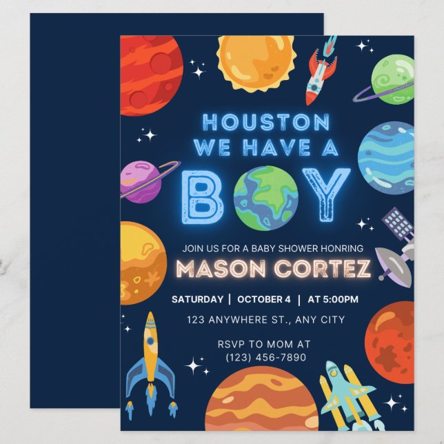 Houston We Have A Boy Outer Space Invitation Baby  (Front/Back)