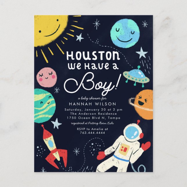 Houston We Have A Boy Space Baby Shower Invitation Postcard (Front)