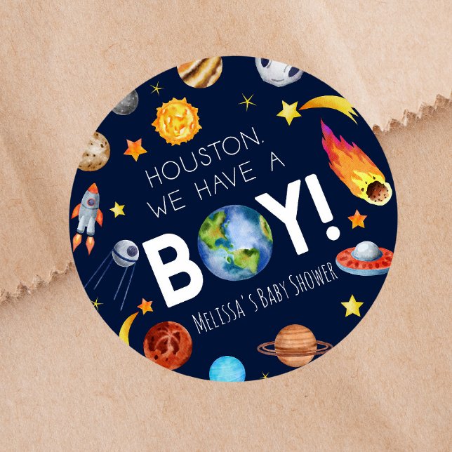 Houston We Have A Boy Space Galaxy Baby Shower Classic Round Sticker (Creator Uploaded)