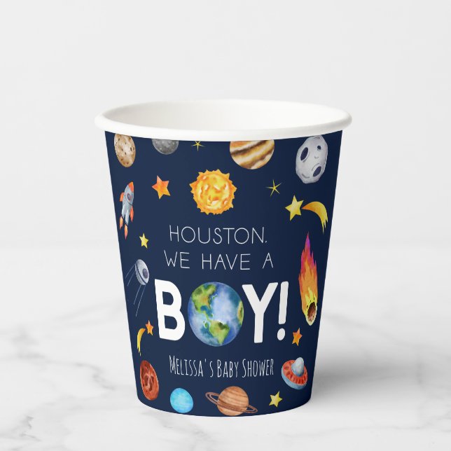 Houston We Have A Boy Space Galaxy Baby Shower Paper Cups (Front)