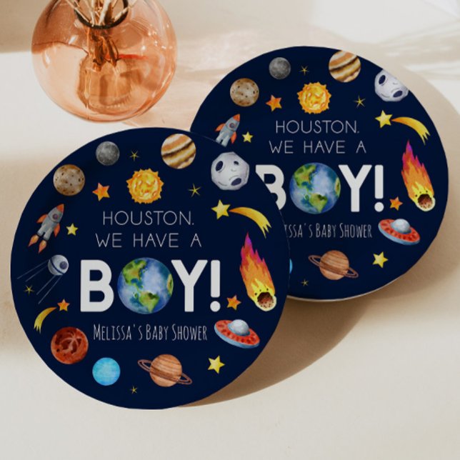 Houston We Have A Boy Space Galaxy Baby Shower Paper Plate (Creator Uploaded)