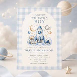 Houston We Have a Boy Space Gingham Baby Shower Invitation