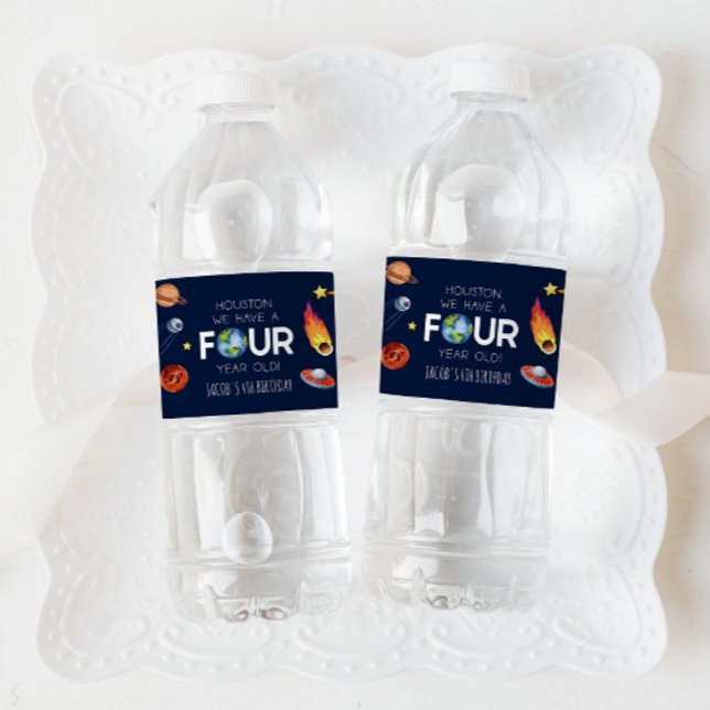Houston We Have A Four Year Old 4th Birthday Party Water Bottle Label (Creator Uploaded)