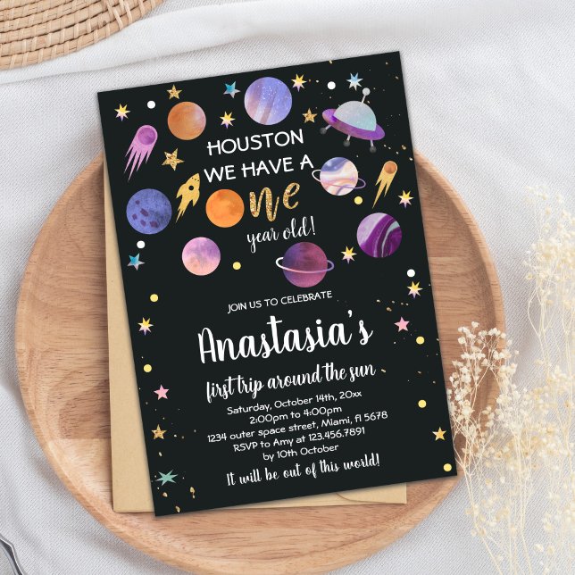 Houston We Have a ONE Birthday Invitation (Houston we have a one Outer Space Invitations)