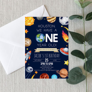 Houston We Have A One Year Old 1st Birthday Party Invitation