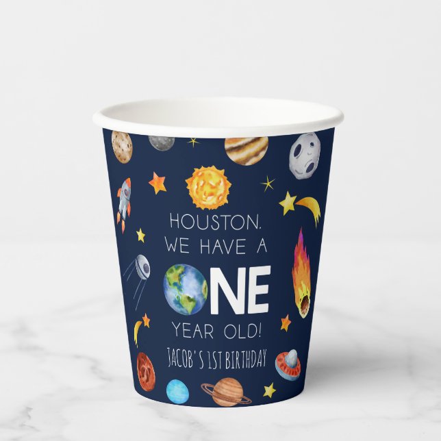 Houston We Have A One Year Old 1st Birthday Party Paper Cups (Front)
