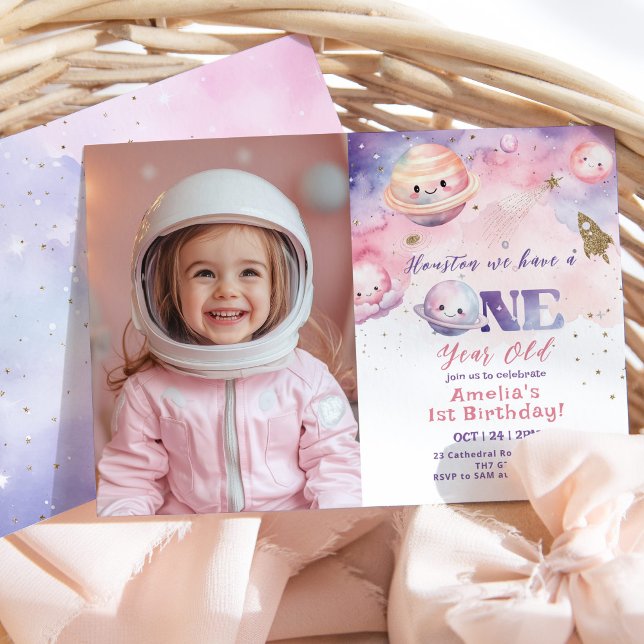 Houston we have a one year old Space girl photo Invitation (Creator Uploaded)