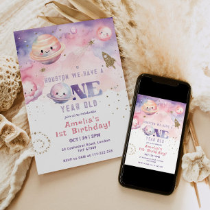 Houston we have a One year old Space girl pink Invitation
