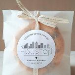 Houston Wedding | Welcome Favour Classic Round Sticker<br><div class="desc">Enhance your wedding welcome packages or event party favours with a custom set of welcome stickers! These elegant yet minimal-style stickers are tailored for a wedding taking place in the beautiful city of Houston, Texas. They feature a modern deco skyline with the name of the city integrated underneath. All elements...</div>