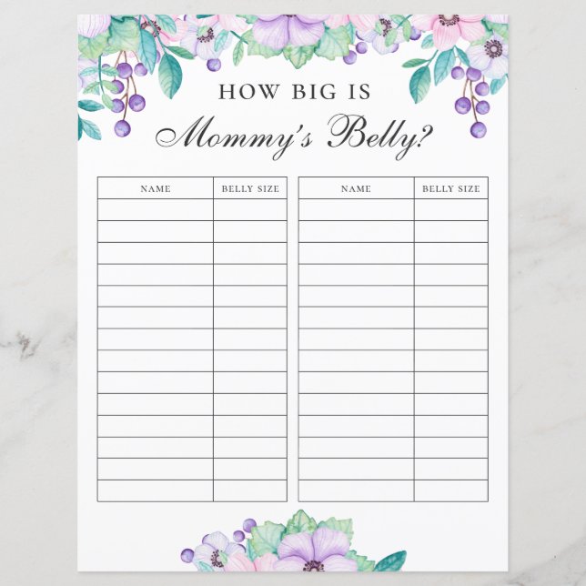 How big is mummy belly. Floral baby shower game (Front)