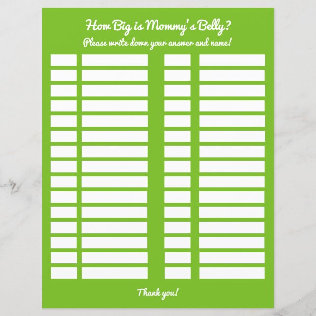 How Big is Mummy's Belly Baby Shower Game Log (Front)