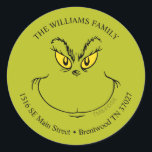 How Grinch Stole Christmas Face - Address Classic Round Sticker<br><div class="desc">Add a fun Grinchy touch to your mail with this "How the Grinch Stole Christmas" face address sticker, featuring the iconic mischievous grin of the Grinch. Perfect for addressing your holiday cards, gifts, or packages, this playful sticker brings a festive and humourous element to your correspondence. Whether you're sending out...</div>