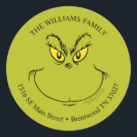 How Grinch Stole Christmas Face - Address Classic Round Sticker<br><div class="desc">Add a fun Grinchy touch to your mail with this "How the Grinch Stole Christmas" face address sticker, featuring the iconic mischievous grin of the Grinch. Perfect for addressing your holiday cards, gifts, or packages, this playful sticker brings a festive and humourous element to your correspondence. Whether you're sending out...</div>