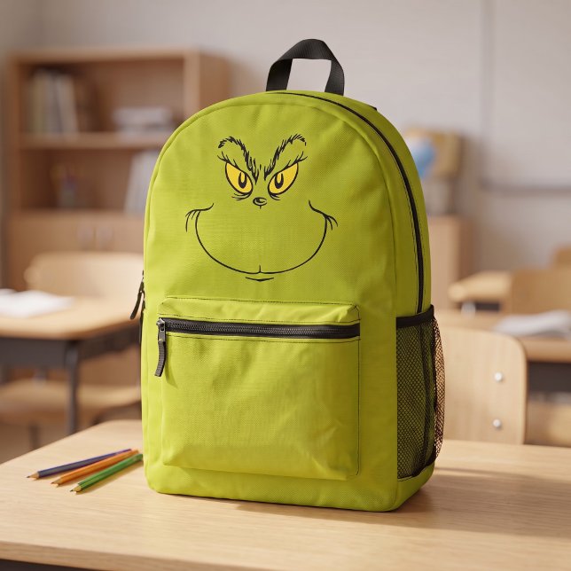 How Grinch Stole Christmas Face Printed Backpack (Simulated backpack on desk)
