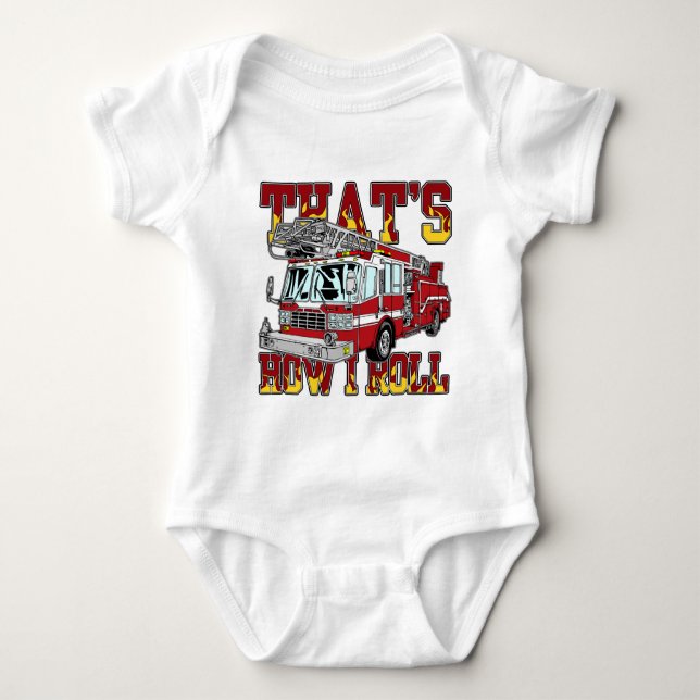 How I Roll Fire Truck Baby Bodysuit (Front)