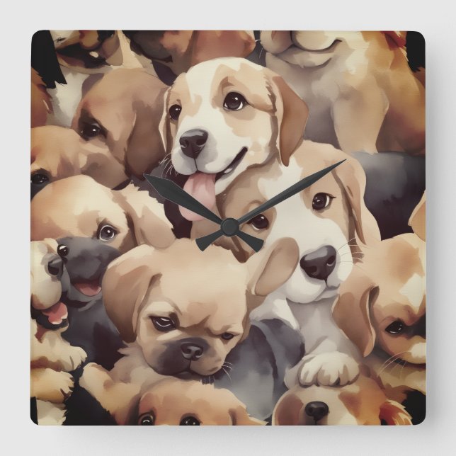 How many brown puppies square wall clock (Front)