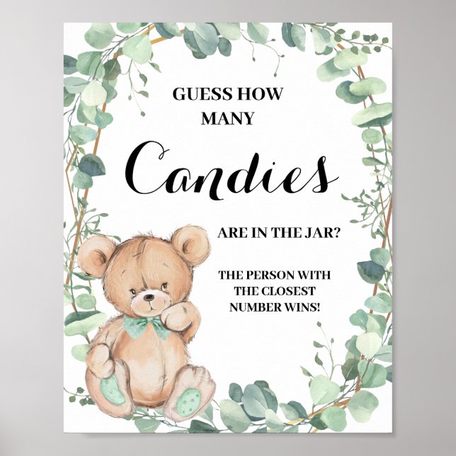 How many Candies Bear Greenery Shower Game Sign (Front)