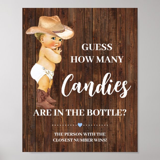 How Many Candies Cowboy Baby Shower Game Sign (Front)
