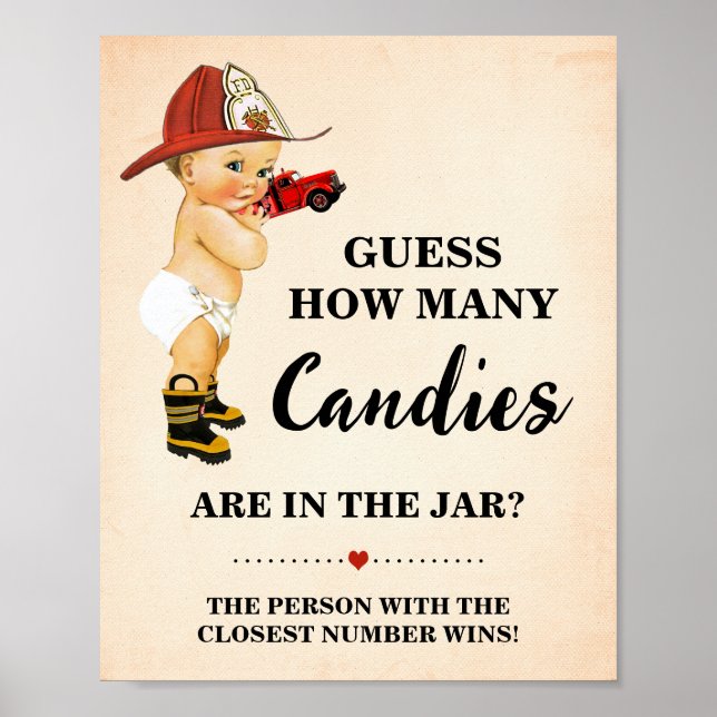 How Many Candies Firefighter Baby Shower Game Poster (Front)
