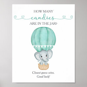 How Many Candies Green Elephant Baby Shower Game Poster