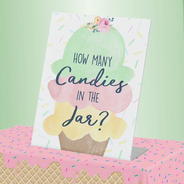 How Many Candies Ice Cream Party Pedestal Sign (How Many Candies Ice Cream Bridal Shower or Baby Shower Pedestal Table Sign)