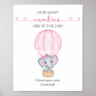 How Many Candies Pink Elephant Baby Shower Game Poster