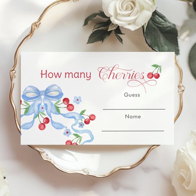How many Cherries Blue Bow Baby shower game Enclosure Card (Creator Uploaded)