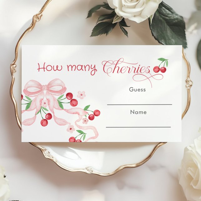 How many Cherries Pink Bow Baby shower game Enclosure Card (Creator Uploaded)