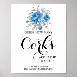 How Many Corks Blue Flower Bridal Shower Game Sign