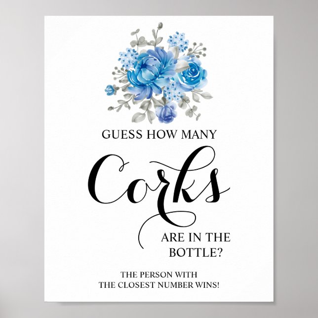 How Many Corks Blue Flower Bridal Shower Game Sign (Front)