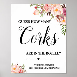 How many corks bridal shower pink floral game sign