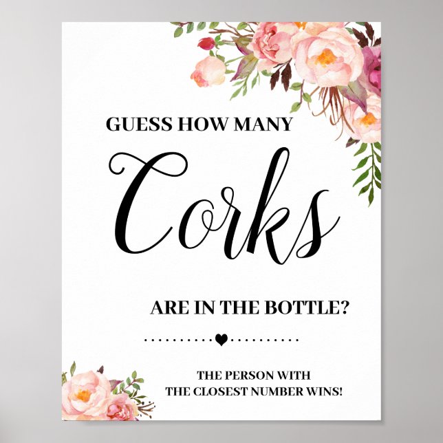 How many corks bridal shower pink floral game sign (Front)